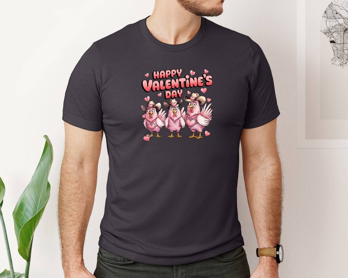 brand:Bella Canvas|color:Heather Dark Grey|Happy Valentines Cowgirl Chickens Graphic T-Shirt