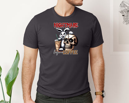 brand:Bella Canvas|color:Heather Dark Grey|Nightmare Before Coffee Halloween Print Graphic T-Shirt