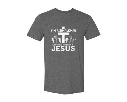 brand:Generic|color:Heather Dark Grey|Christian Guitar Im A Simple Man Graphic T-Shirt
