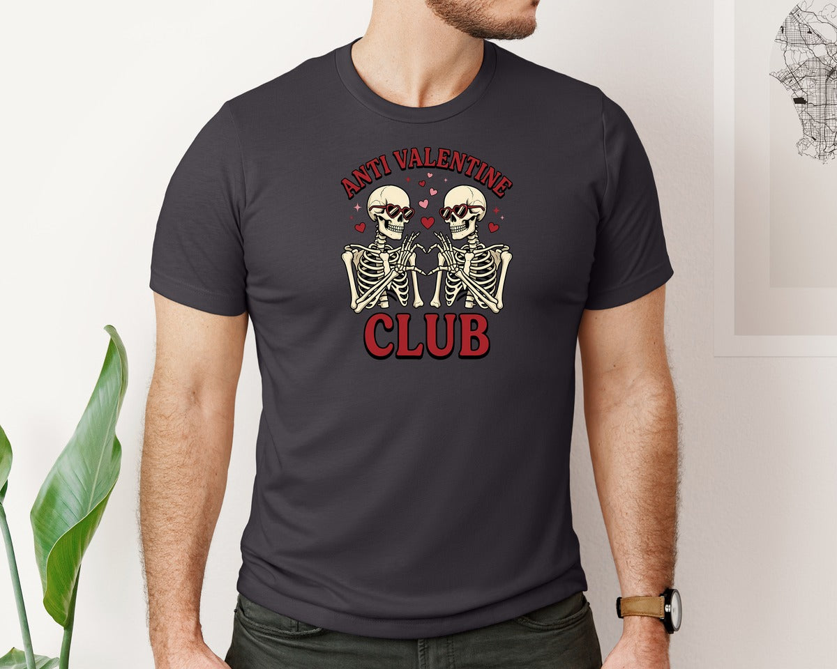 brand:Bella Canvas|color:Heather Dark Grey|Anti Valentine Club Skeleton Couple 2 Graphic T-Shirt