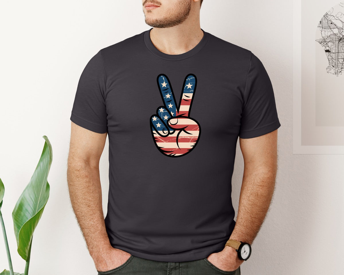 brand:Bella Canvas|color:Heather Dark Grey|America Peace 4Th Of July Shirt Graphic T-Shirt