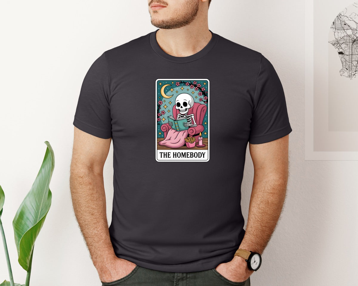 brand:Bella Canvas|color:Heather Dark Grey|Moonlit Skeleton Cute Goth Tarot Graphic T-Shirt