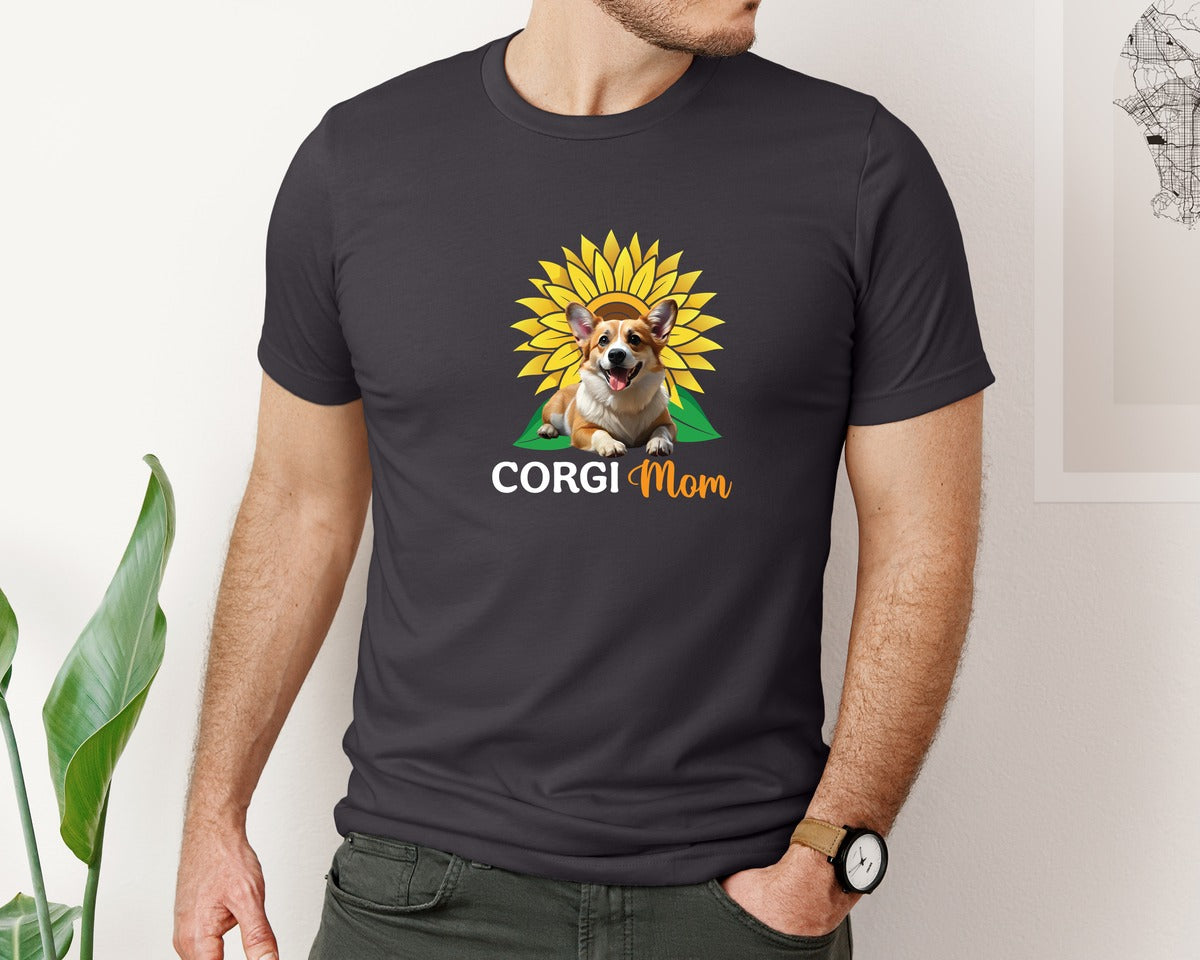 brand:Bella Canvas|color:Heather Dark Grey|Corgi Mom Sunflower Graphic T-Shirt