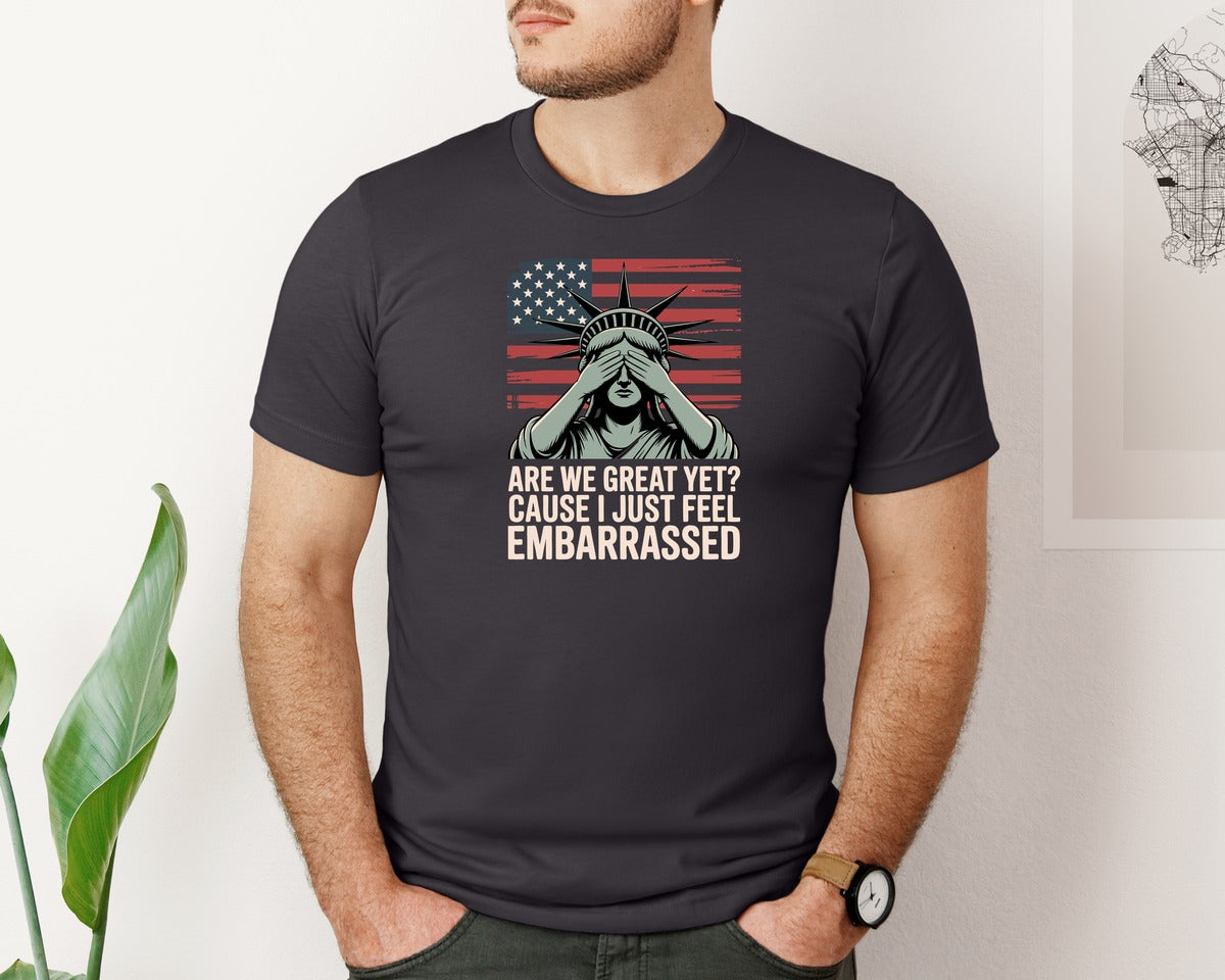 brand:Bella Canvas|color:Heather Dark Grey|Statue Of Liberty With Blindfold Us Flag Graphic T-Shirt