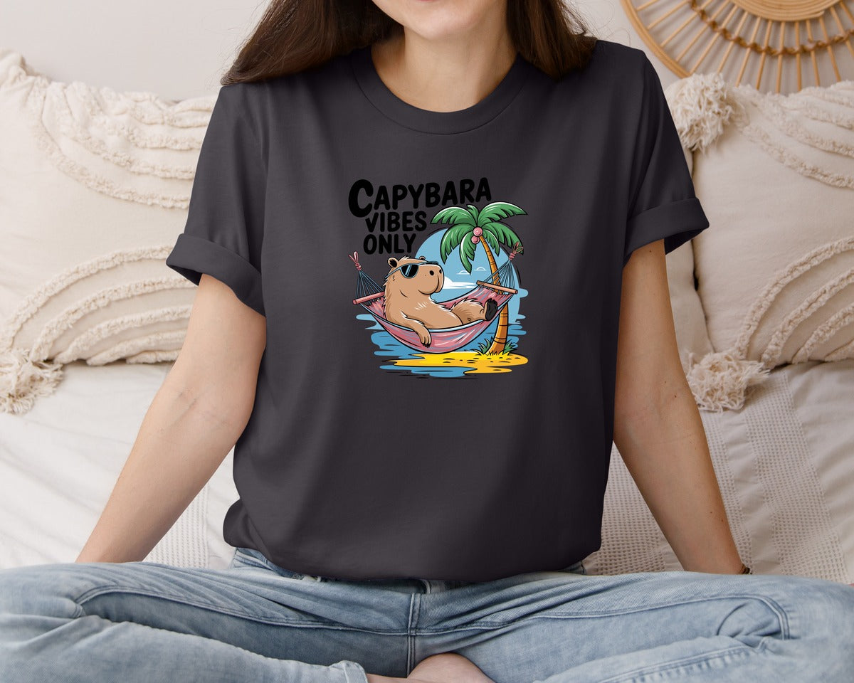 brand:Bella Canvas|color:Heather Dark Grey|Capybara Vibes Only Summer T Shirt Print Graphic T-Shirt