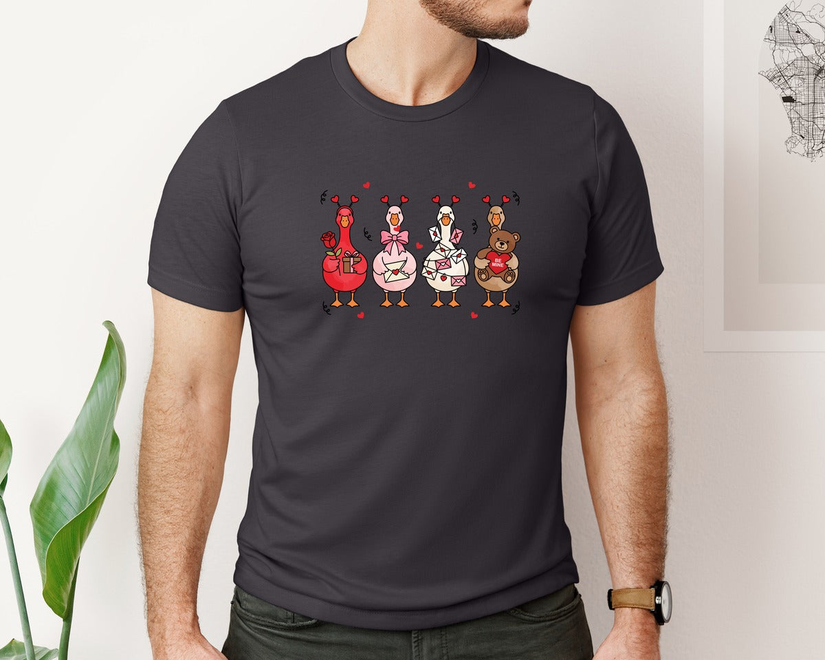 brand:Bella Canvas|color:Heather Dark Grey|Funny Valentine Goose Valentines Day 4 Graphic T-Shirt