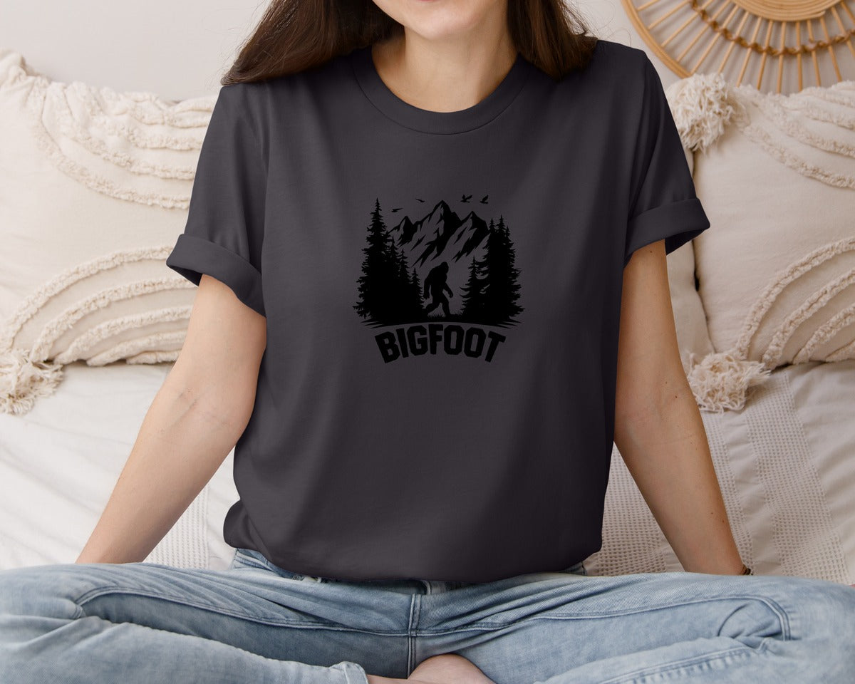 brand:Bella Canvas|color:Heather Dark Grey|Retro Bigfoot Silhouette Pixel Art Graphic T-Shirt