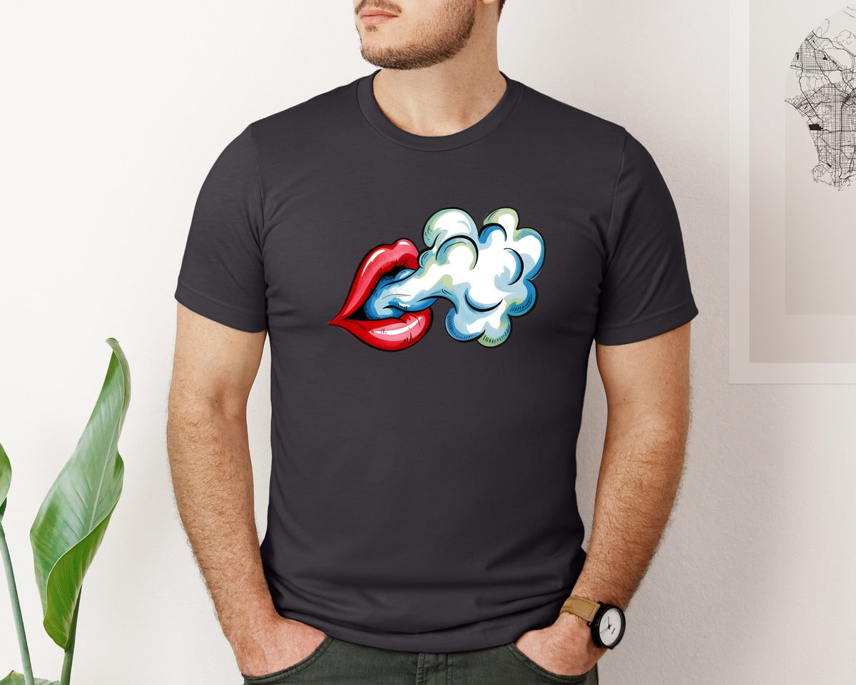 brand:Bella Canvas|color:Heather Dark Grey|Red Lips Smoke Cloud Graphic T-Shirt
