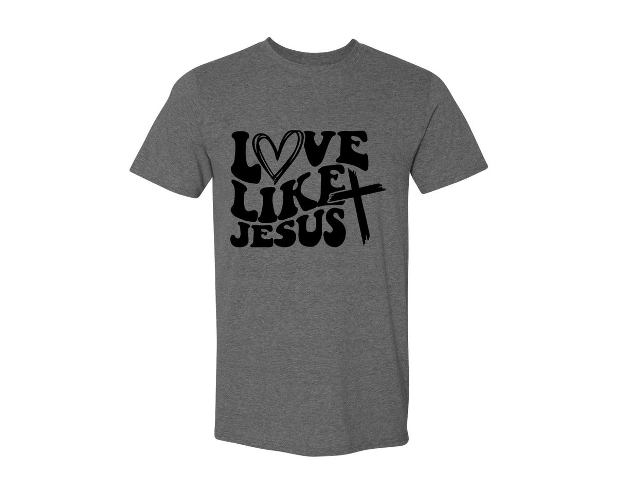 brand:Generic|color:Heather Dark Grey|Love Like Jesus Wavy 2 Graphic T-Shirt