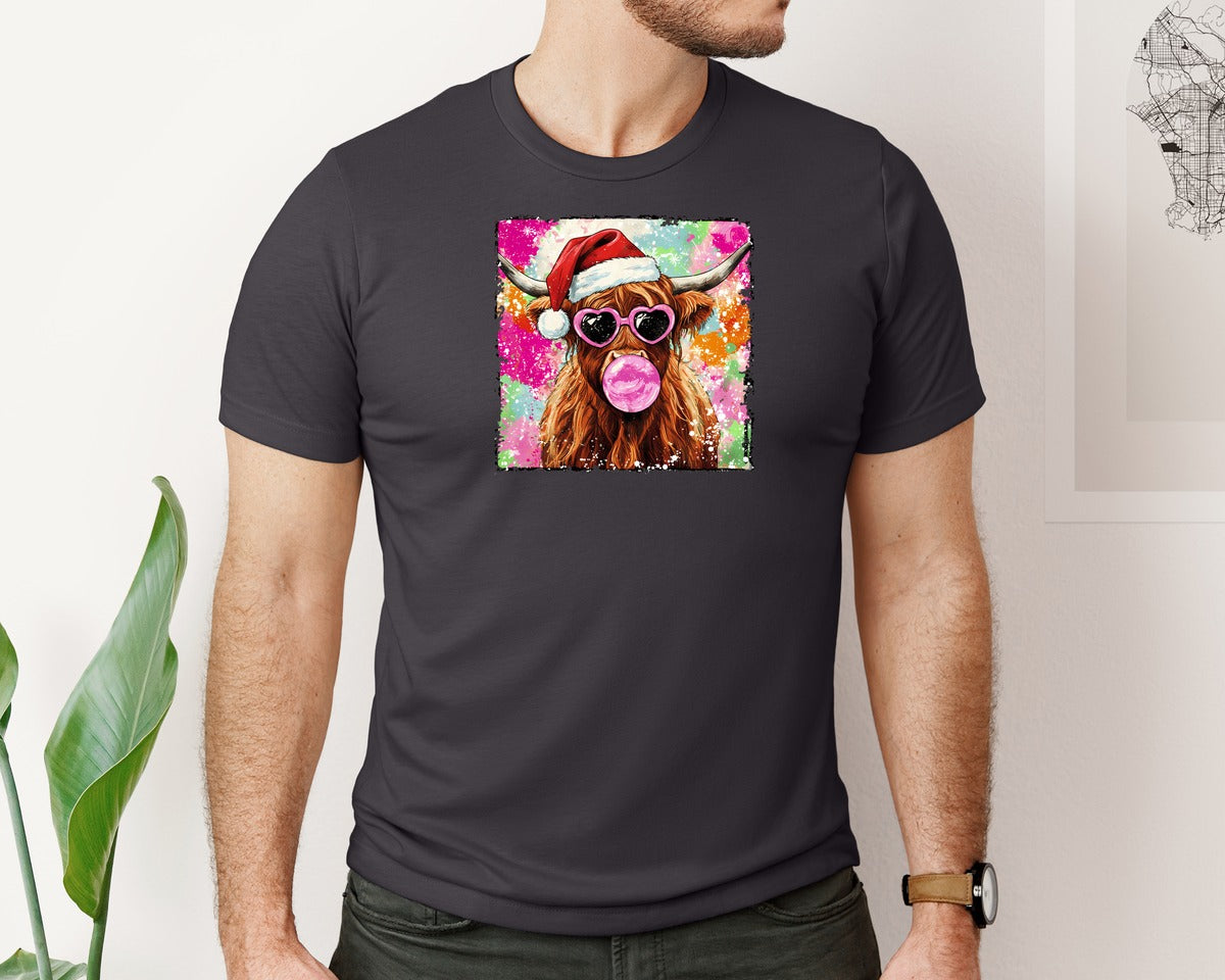 brand:Bella Canvas|color:Heather Dark Grey|Cool Highland Cow Santa Christmas Graphic T-Shirt