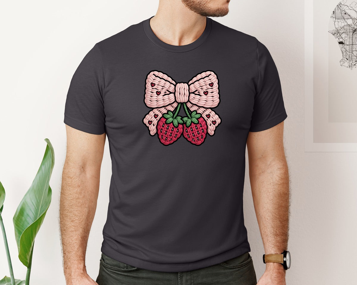 brand:Bella Canvas|color:Heather Dark Grey|Crochet Strawberry Bow Valentines Graphic T-Shirt