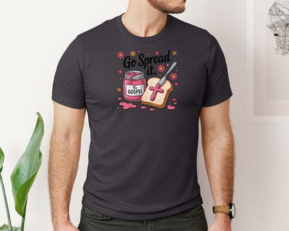 brand:Bella Canvas|color:Heather Dark Grey|Go Spread It Gospel Christian Faith Jam Graphic T-Shirt