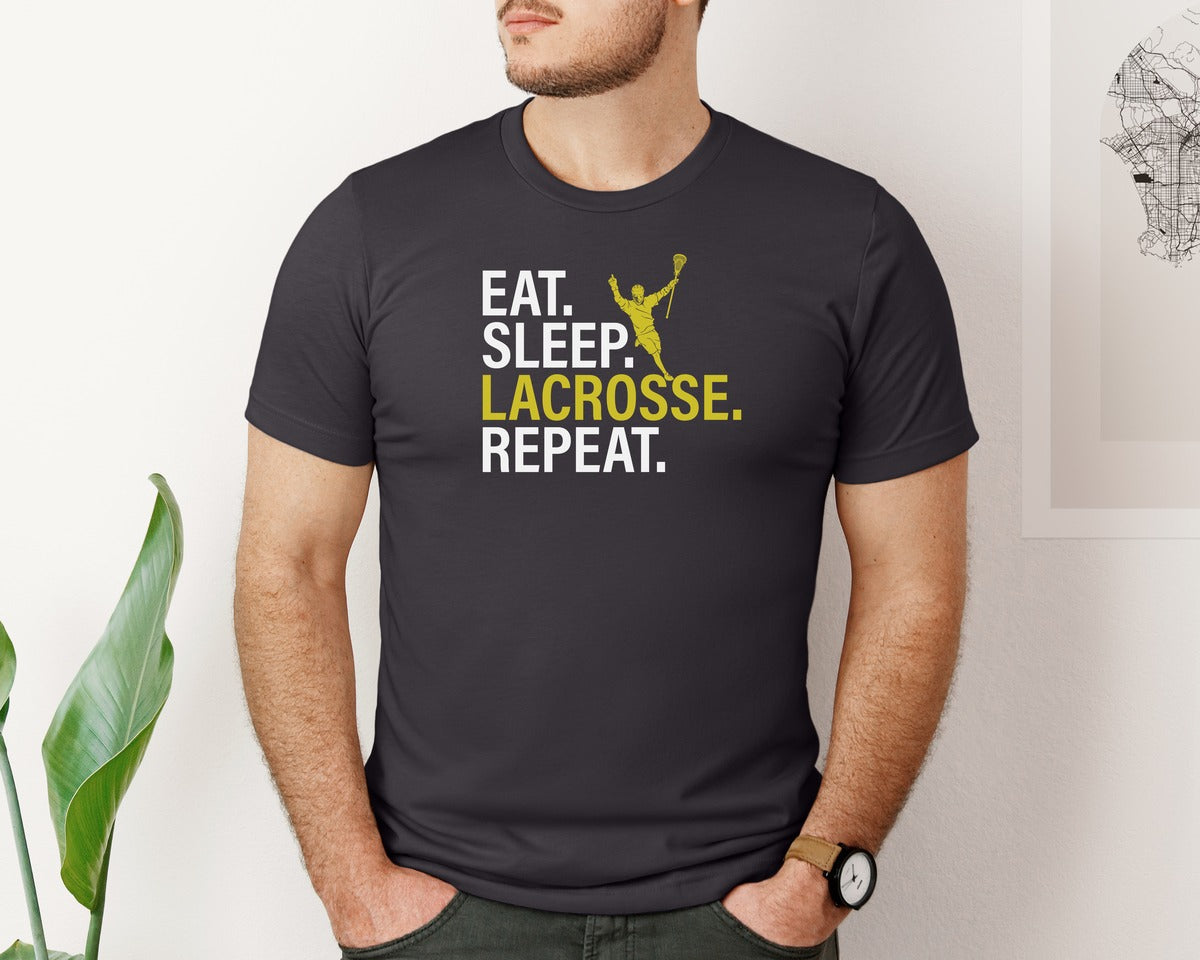 brand:Bella Canvas|color:Heather Dark Grey|Eat Sleep Lacrosse Repeat Sports Team Graphic T-Shirt