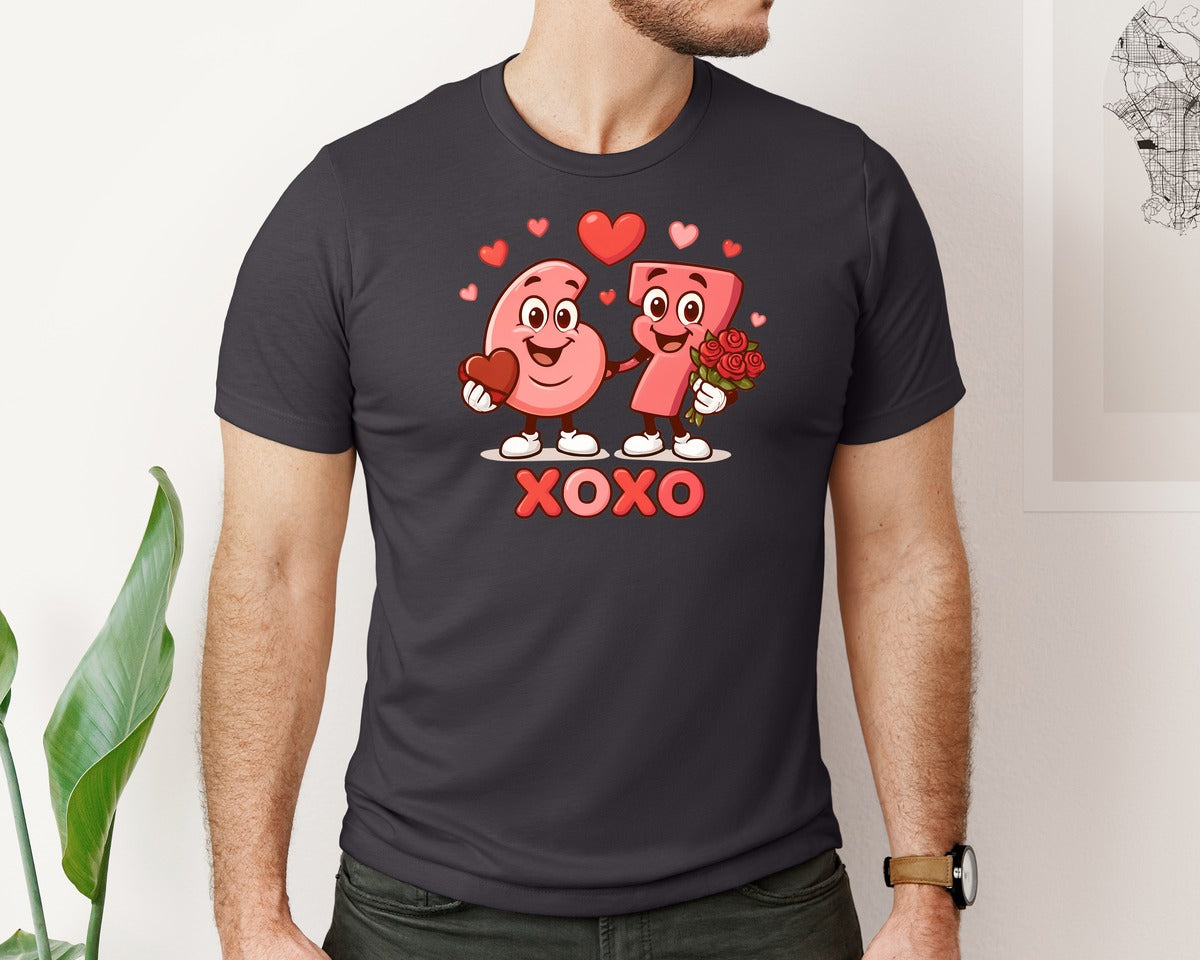 brand:Bella Canvas|color:Heather Dark Grey|67 Valentines Day Xoxo Couple Heart 2 Graphic T-Shirt