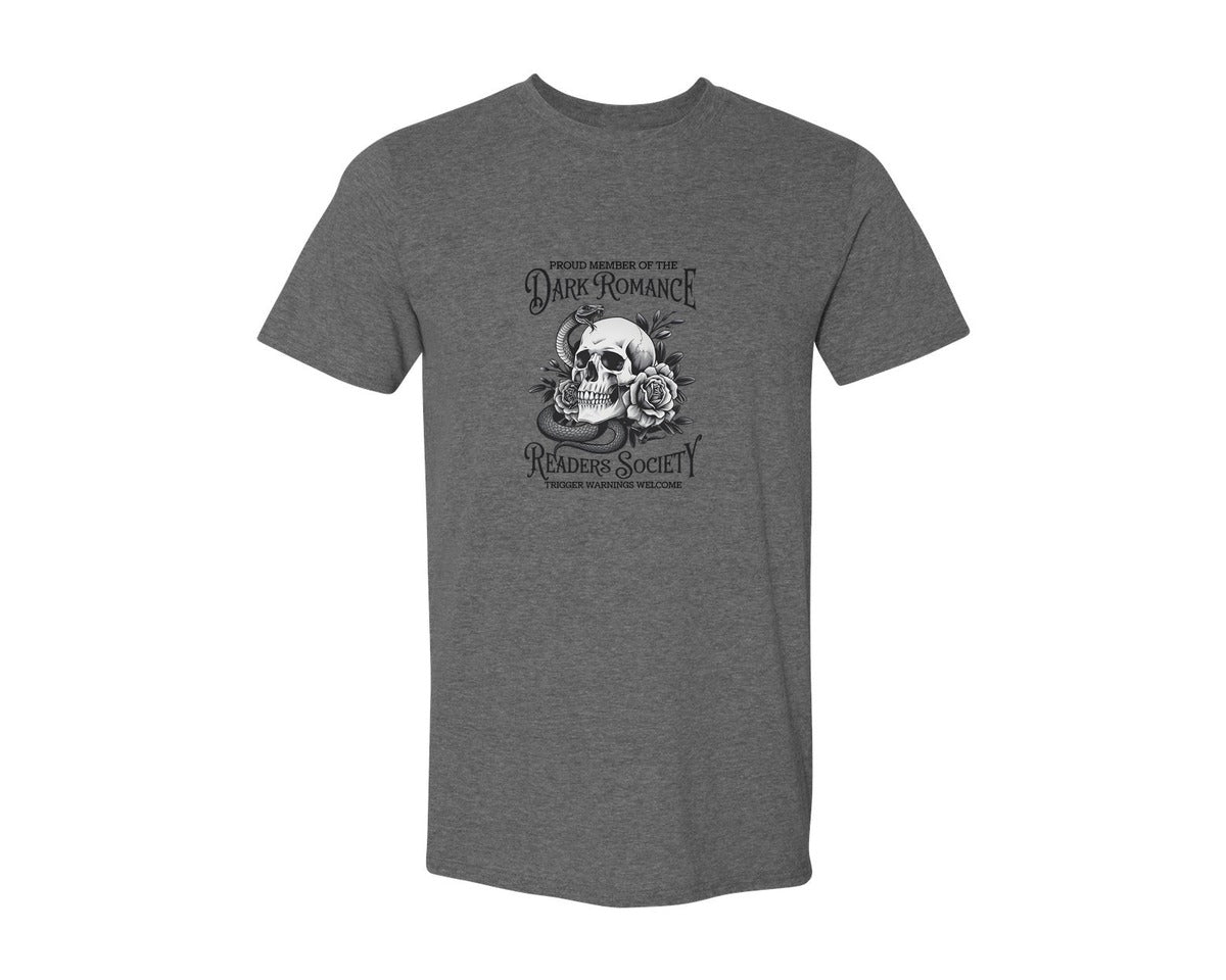 brand:Generic|color:Heather Dark Grey|Dark Romance Skull Rose Snake Art Graphic T-Shirt