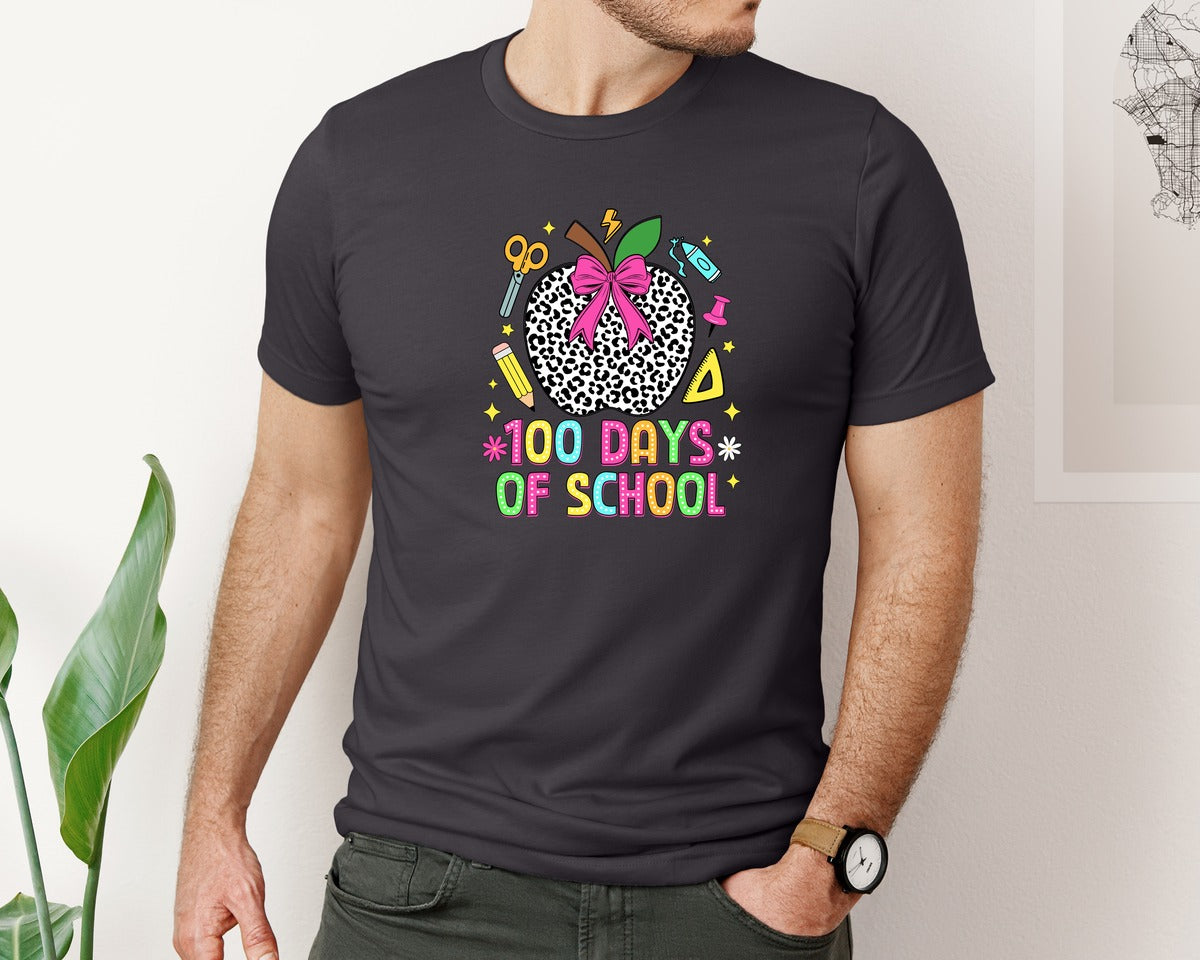 brand:Bella Canvas|color:Heather Dark Grey|Coquette 100 Days Of School Graphic T-Shirt