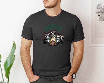 brand:Bella Canvas|color:Heather Dark Grey|Campfire Drinking Team Raccoon Camp Graphic T-Shirt