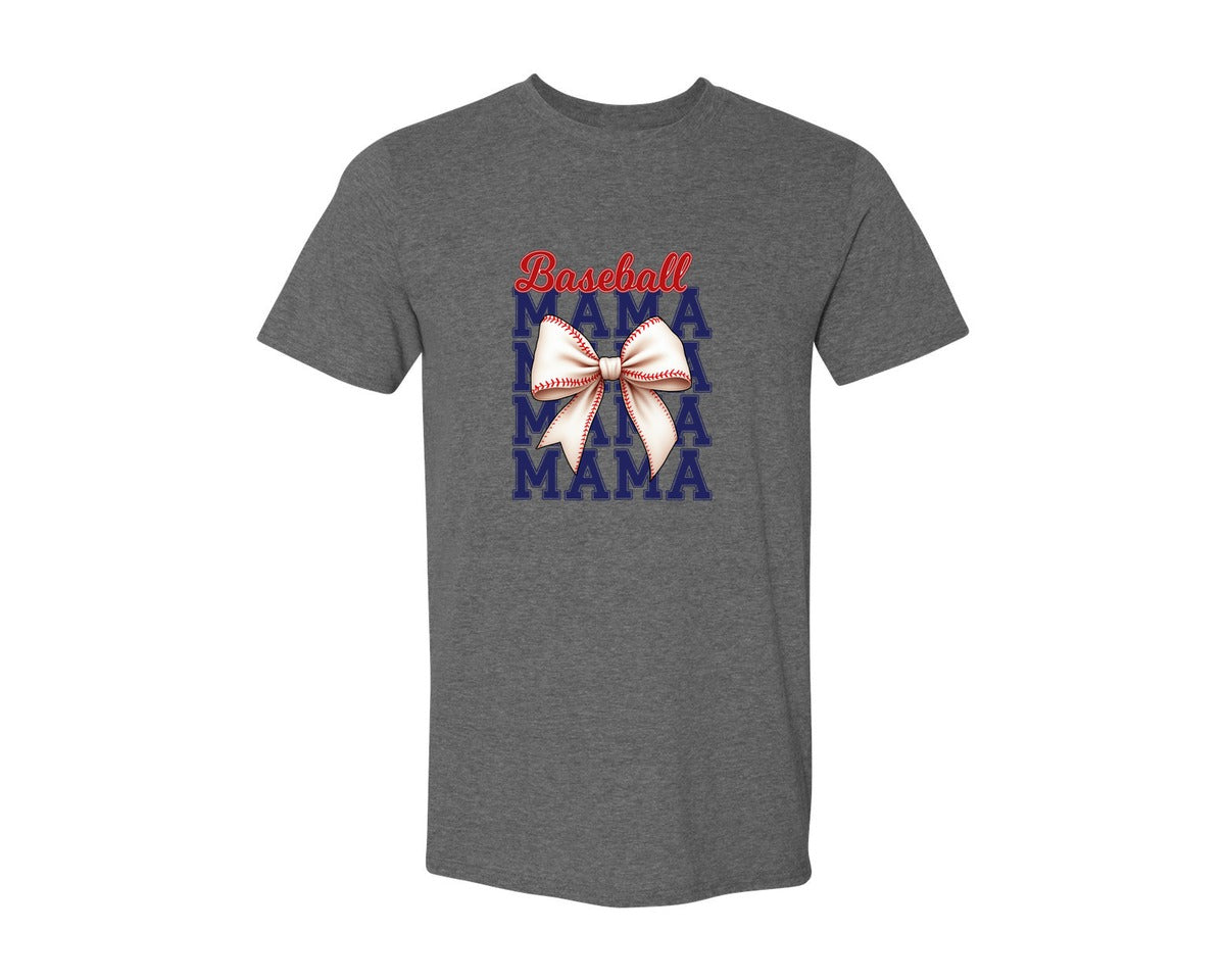 brand:Generic|color:Heather Dark Grey|Baseball Mama Mom Coquette Bow Game Graphic T-Shirt