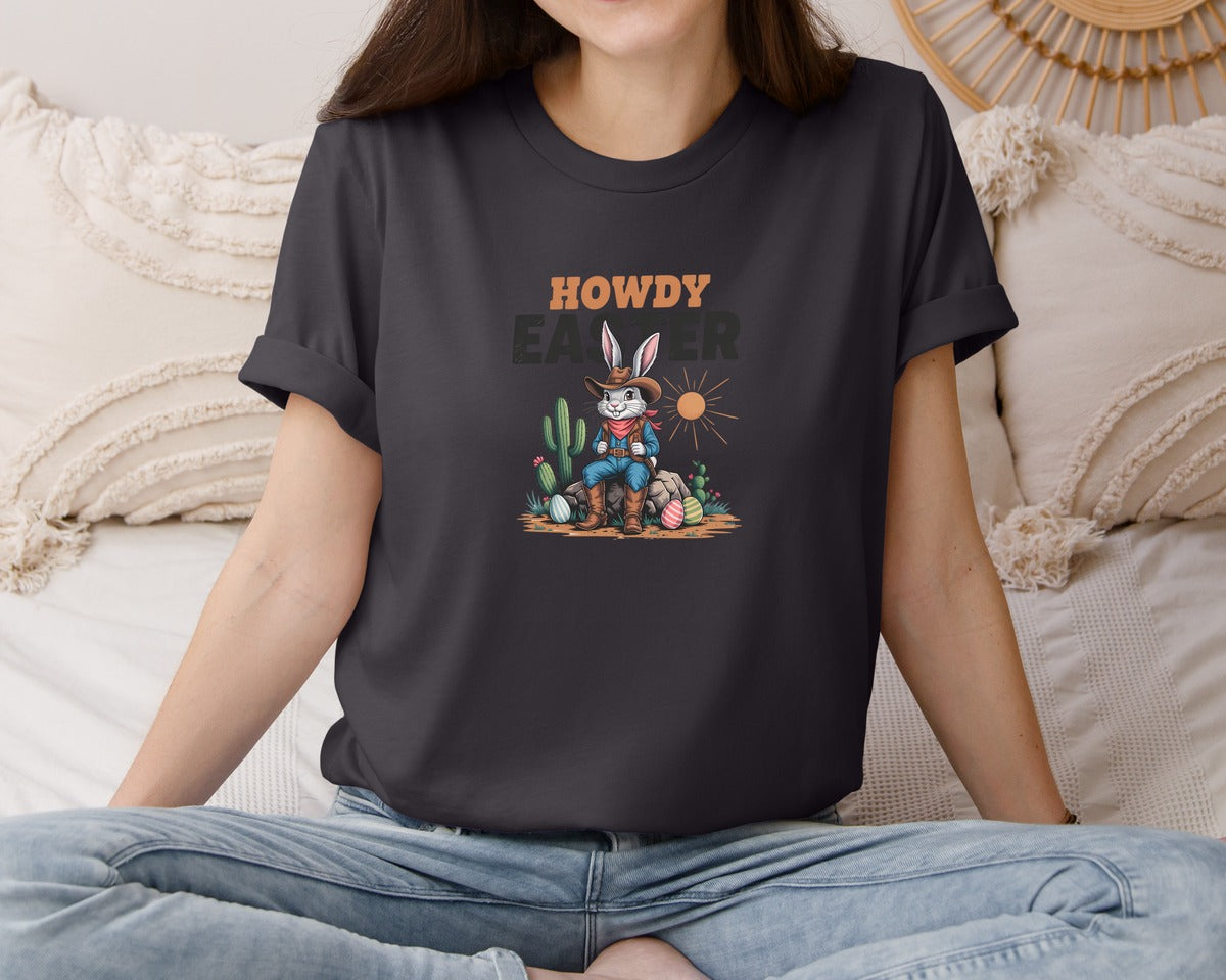 brand:Bella Canvas|color:Heather Dark Grey|Howdy Easter Western Cowboy Bunny 2 Graphic T-Shirt
