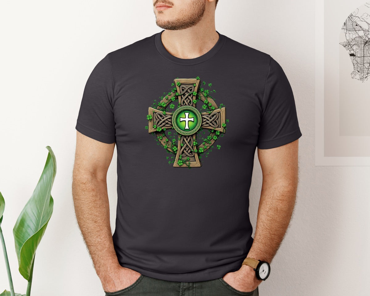 brand:Bella Canvas|color:Heather Dark Grey|Celtic Cross With Shamrocks Irish Graphic T-Shirt
