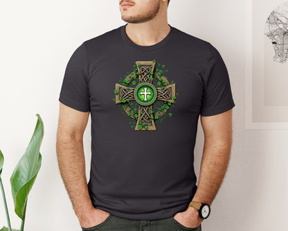 brand:Bella Canvas|color:Heather Dark Grey|Celtic Cross With Shamrocks Irish Graphic T-Shirt