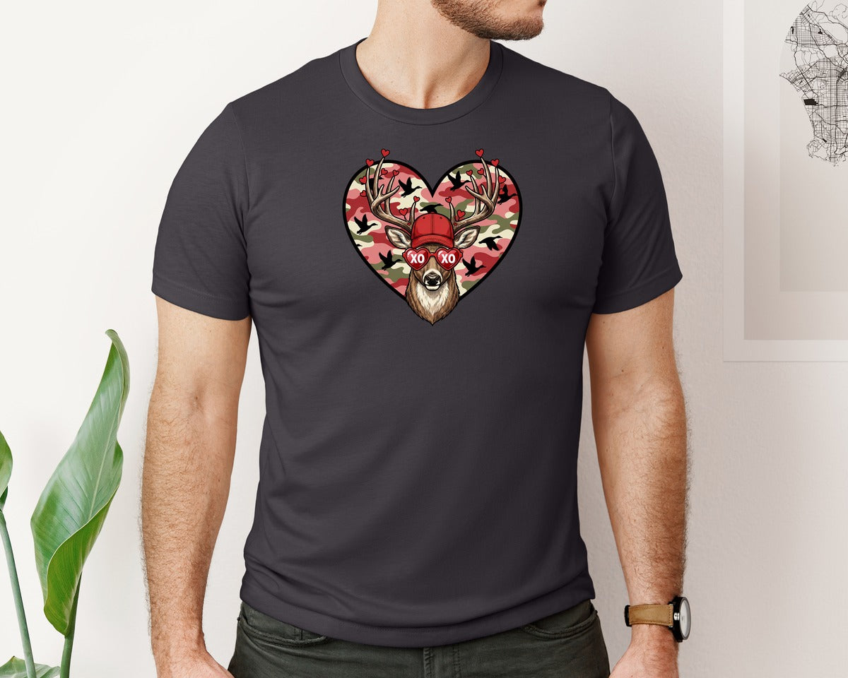 brand:Bella Canvas|color:Heather Dark Grey|Cute Buck Valentine Love Hunting Graphic T-Shirt