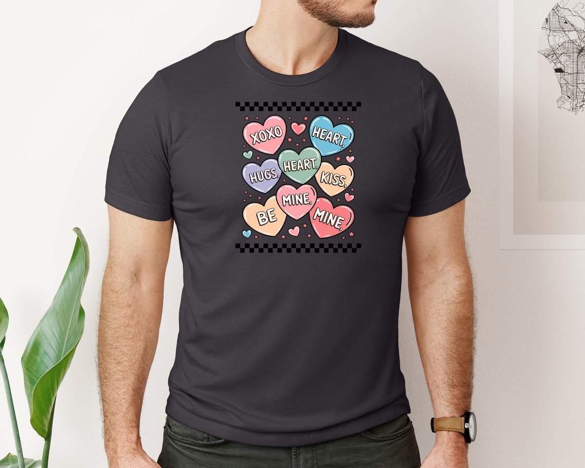 brand:Bella Canvas|color:Heather Dark Grey|Valentines Candy Heart Graphic T-Shirt