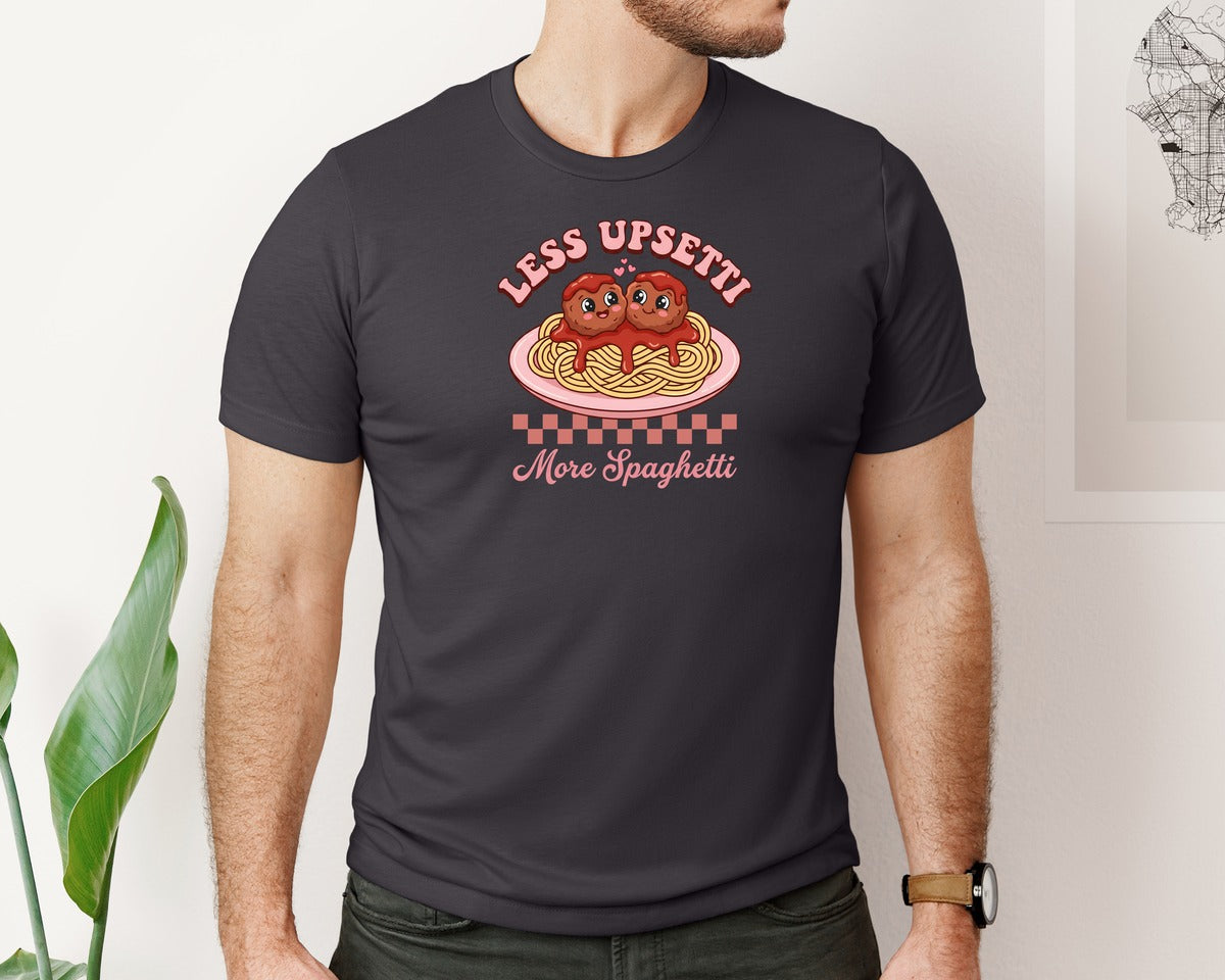 brand:Bella Canvas|color:Heather Dark Grey|Less Upsetti More Spaghetti Graphic T-Shirt