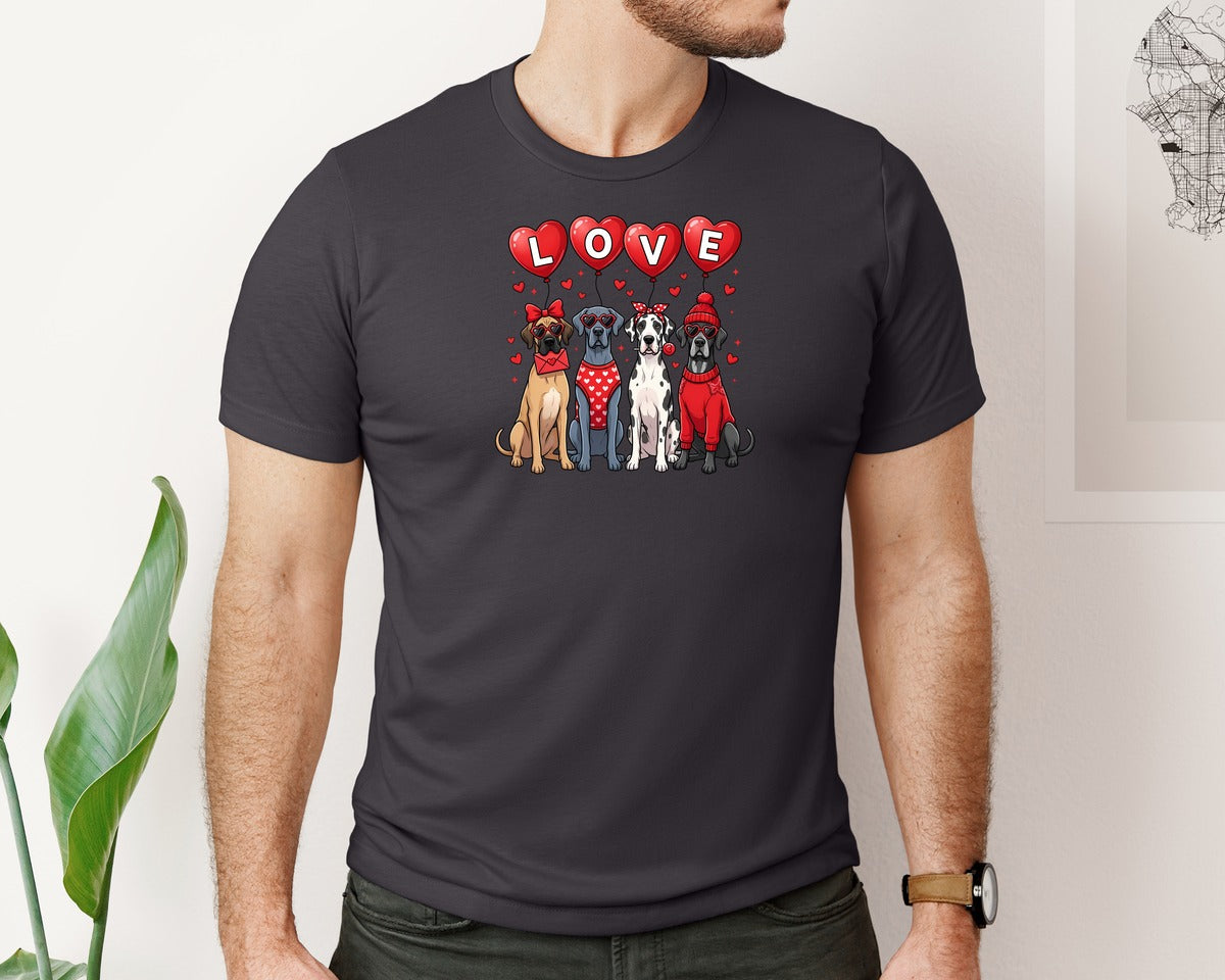 brand:Bella Canvas|color:Heather Dark Grey|Cute Valentine Great Dane Dogs Graphic T-Shirt
