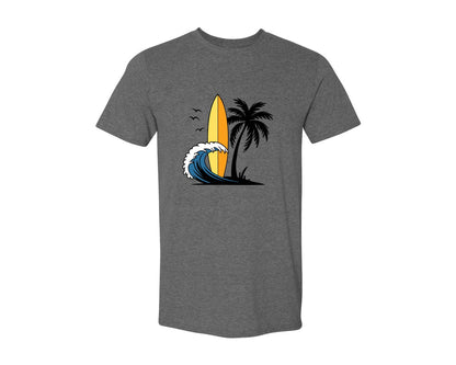 brand:Generic|color:Heather Dark Grey|Surfboard With Ocean Wave And Palm Tree Graphic T-Shirt