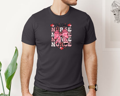 brand:Bella Canvas|color:Heather Dark Grey|One Loved Nurse Valentine Coquette Bow Graphic T-Shirt