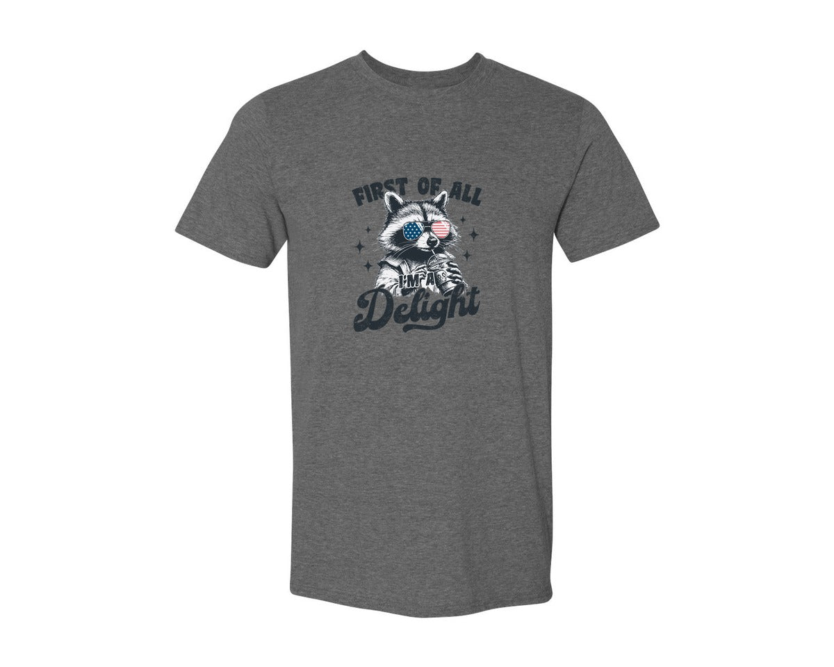 brand:Generic|color:Heather Dark Grey|First Of All Im A Delight Funny Raccoon 3 Graphic T-Shirt