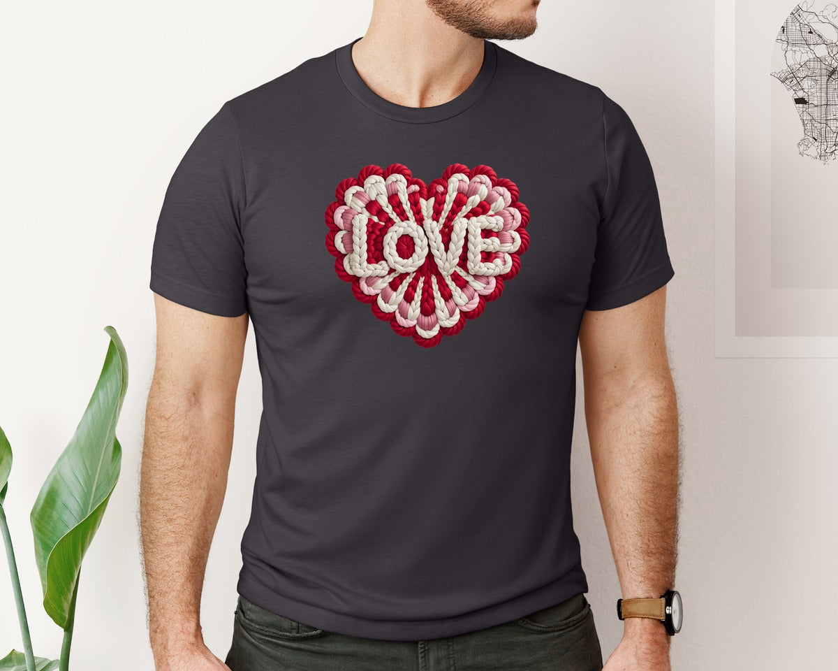 brand:Bella Canvas|color:Heather Dark Grey|Knitted Heart Love Badge Valentine Graphic T-Shirt