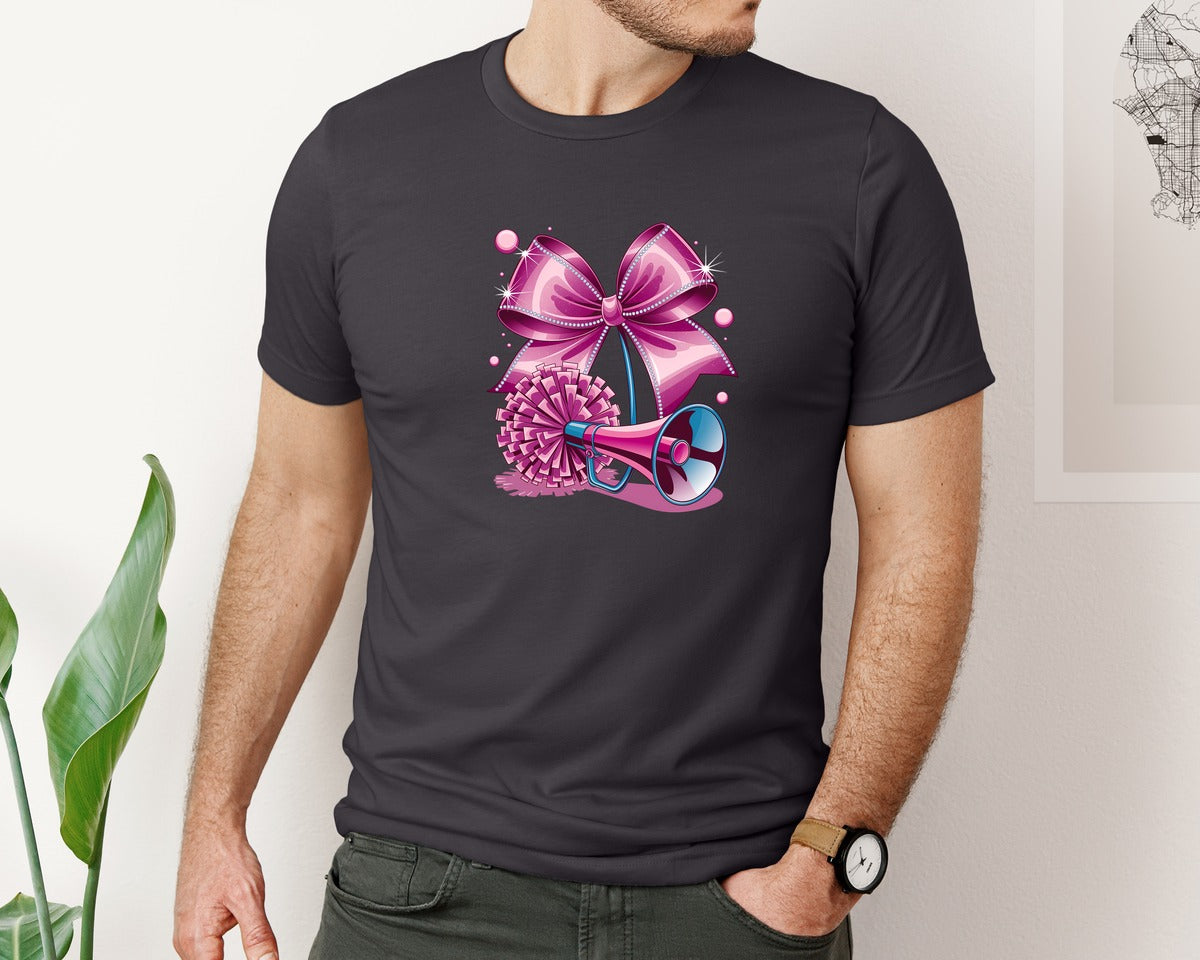 brand:Bella Canvas|color:Heather Dark Grey|Cheerleading Bow Pom Poms Graphic T-Shirt
