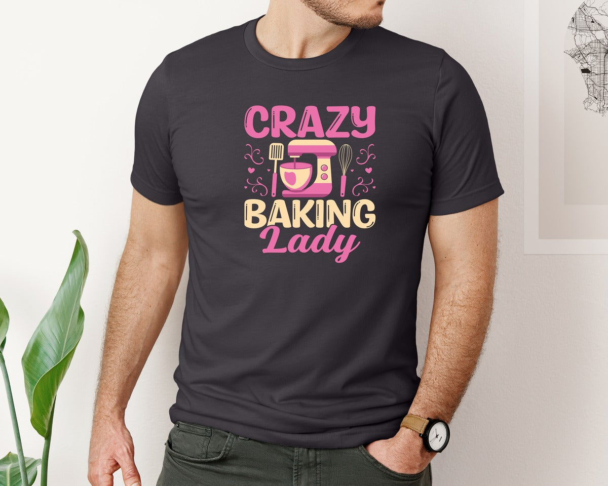 brand:Bella Canvas|color:Heather Dark Grey|Crazy Baking Lady Mixer Whisk Baker Graphic T-Shirt