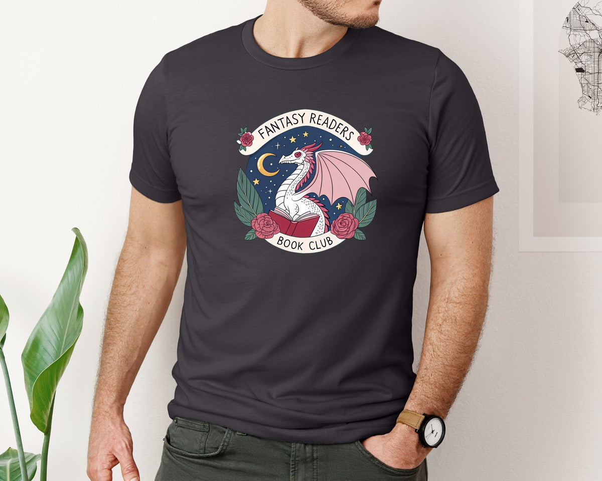 brand:Bella Canvas|color:Heather Dark Grey|Fantasy Book Club Dragon Book Graphic T-Shirt