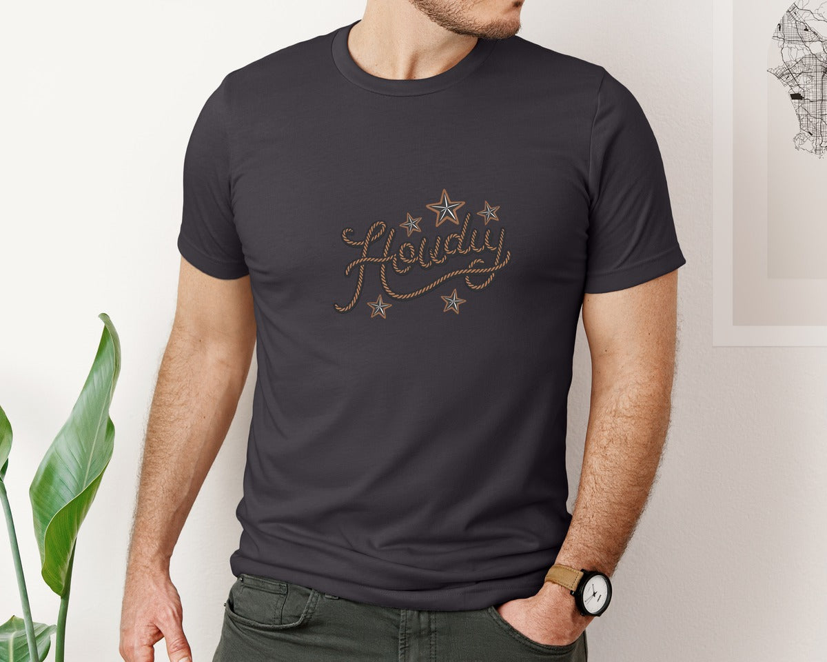brand:Bella Canvas|color:Heather Dark Grey|Howdy Western Cowboy Rope Graphic T-Shirt