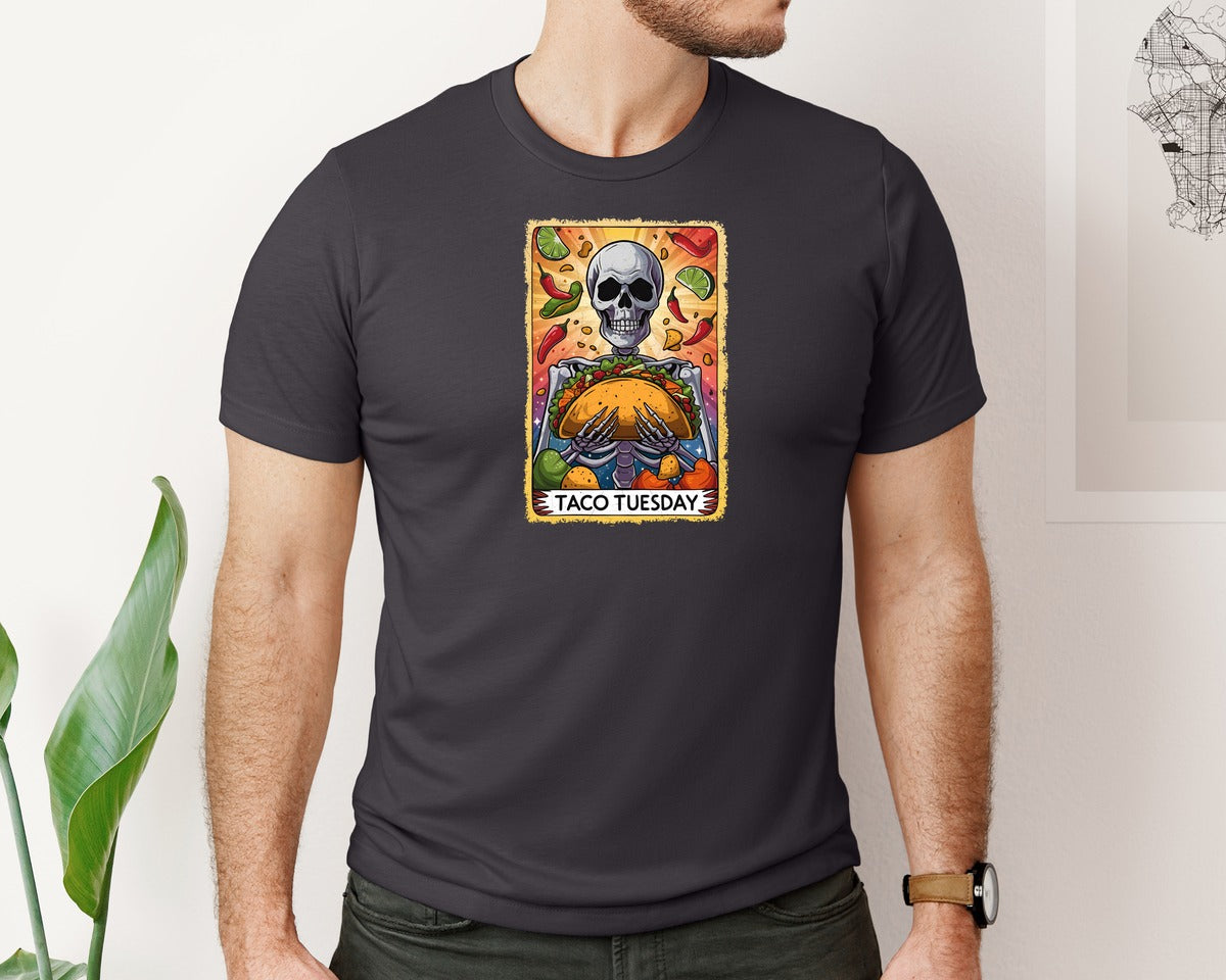 brand:Bella Canvas|color:Heather Dark Grey|Skeleton Tarot Card Cinco De Mayo Tshirt Graphic T-Shirt