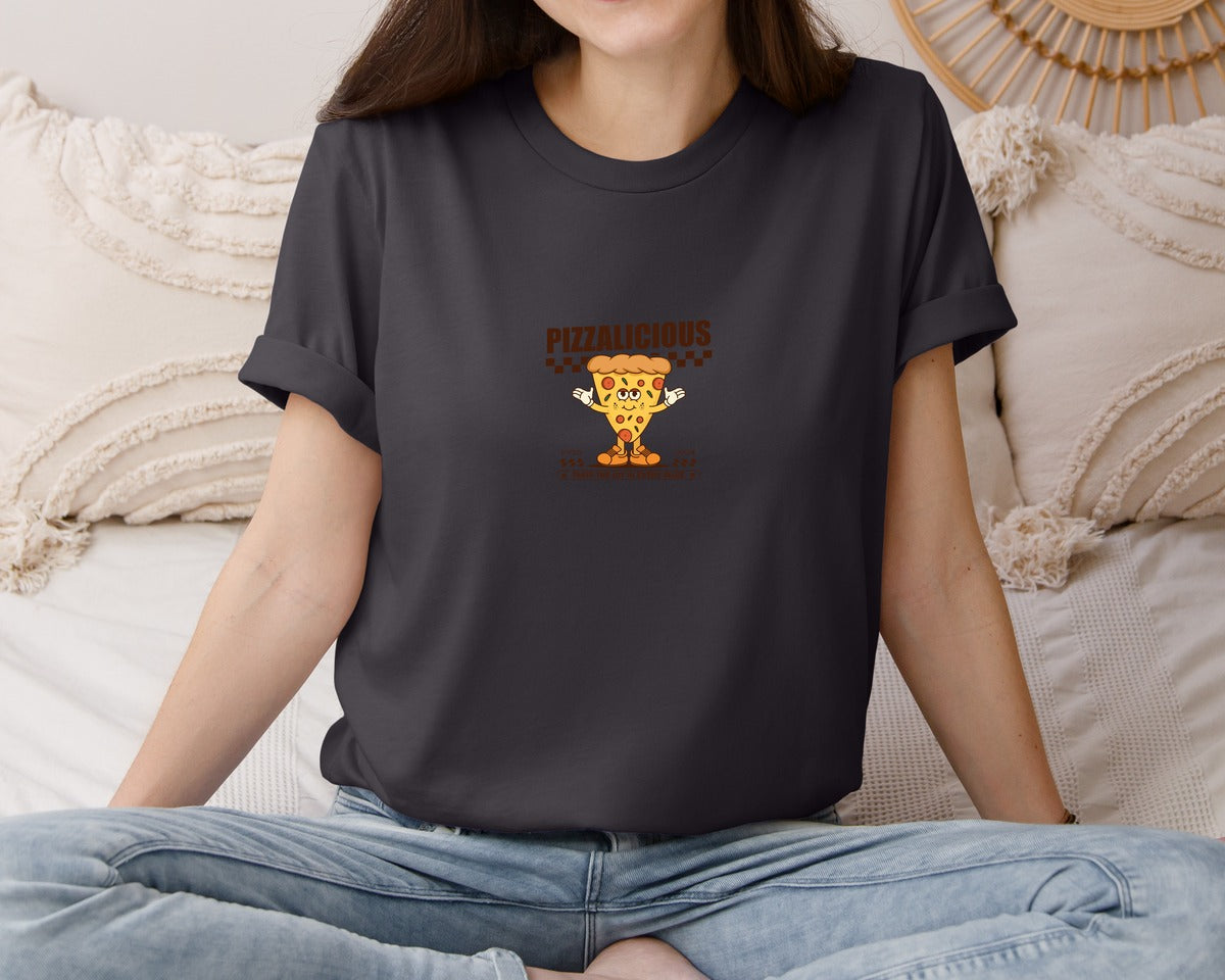 brand:Bella Canvas|color:Heather Dark Grey|Vintage Slice Pizza Cartoon Character Graphic T-Shirt