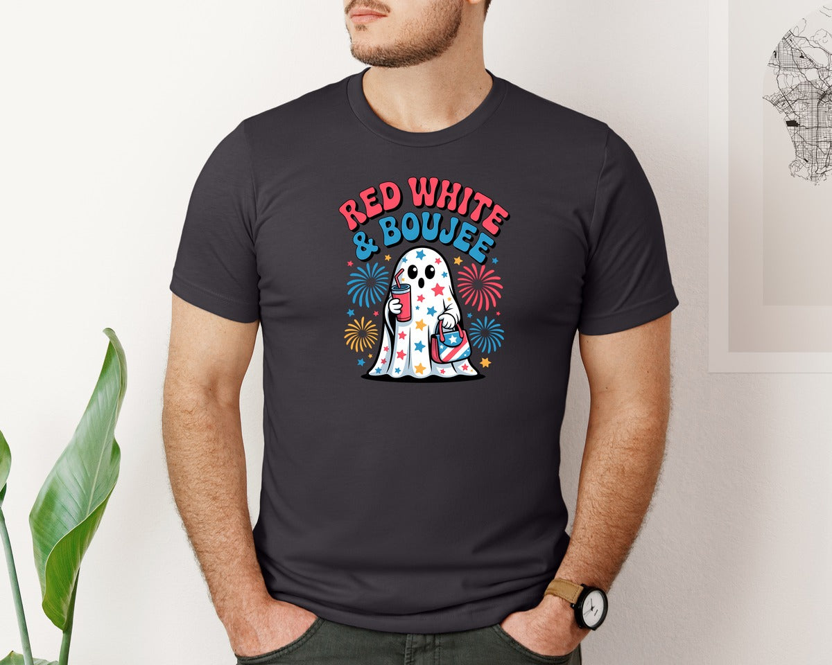 brand:Bella Canvas|color:Heather Dark Grey|4Th Of July Boujee Ghost Graphic T-Shirt