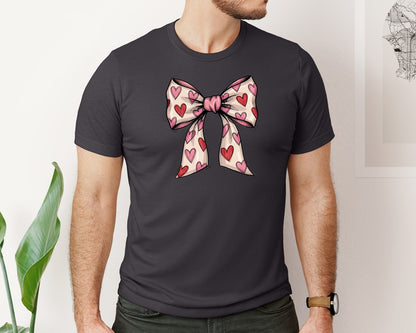 brand:Bella Canvas|color:Heather Dark Grey|Coquette Heart Bow Graphic T-Shirt