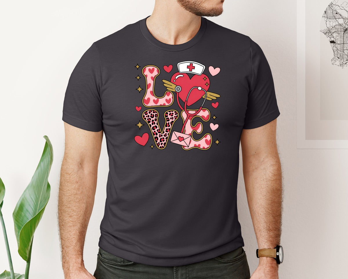 brand:Bella Canvas|color:Heather Dark Grey|Nurse Valentine Nursing Rn Nurse 2 Graphic T-Shirt