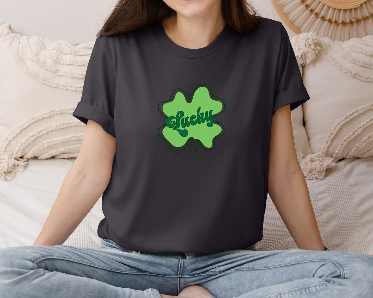 brand:Bella Canvas|color:Heather Dark Grey|Lucky St Patricks Day Clover 2 Graphic T-Shirt