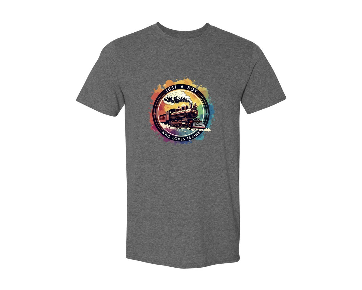 brand:Generic|color:Heather Dark Grey|Just A Boy Who Loves Trains Graphic T-Shirt