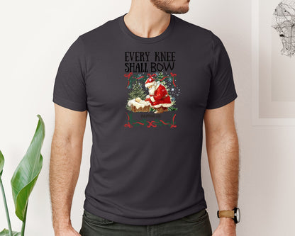 brand:Bella Canvas|color:Heather Dark Grey|Nativity Scene Kneeling Santa Graphic T-Shirt