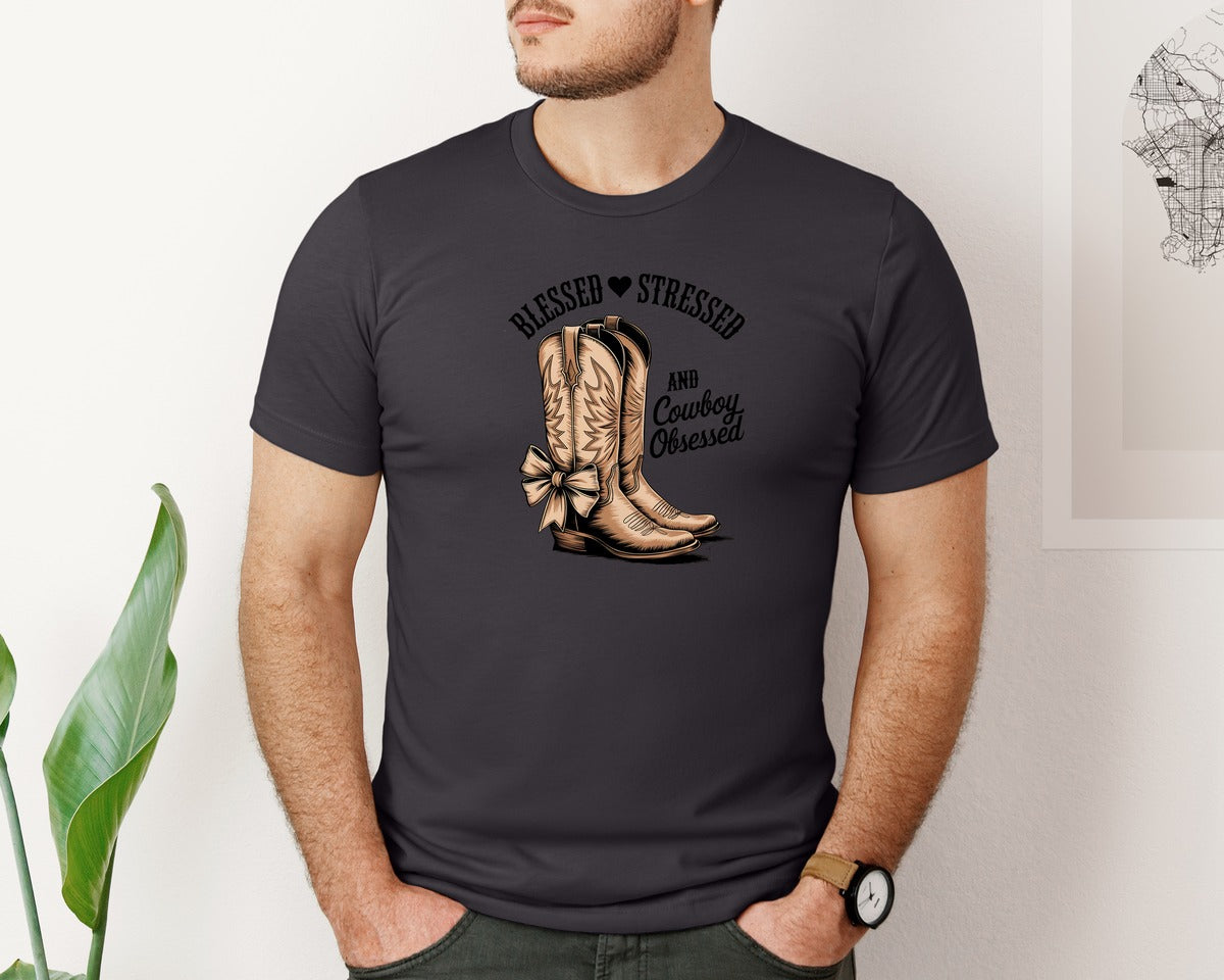 brand:Bella Canvas|color:Heather Dark Grey|Blessed Stressed Mom Western Mothers Day 2 Graphic T-Shirt