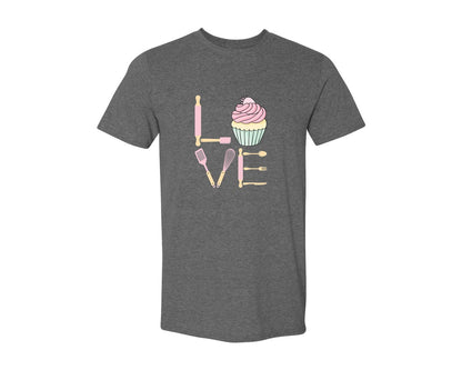 brand:Generic|color:Heather Dark Grey|Baking Love Cupcake Whisk Spatula Graphic T-Shirt