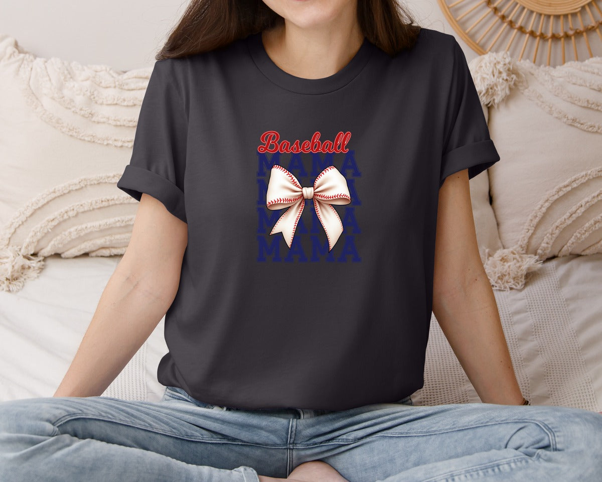 brand:Bella Canvas|color:Heather Dark Grey|Baseball Mama Mom Coquette Bow Game Graphic T-Shirt