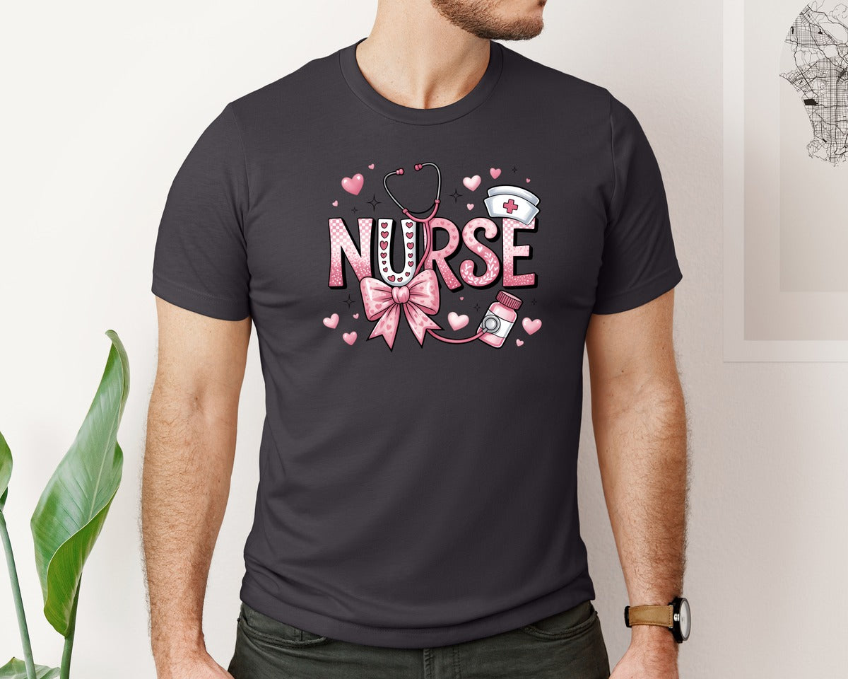 brand:Bella Canvas|color:Heather Dark Grey|Valentine Nurse Valentines Day 12 Graphic T-Shirt