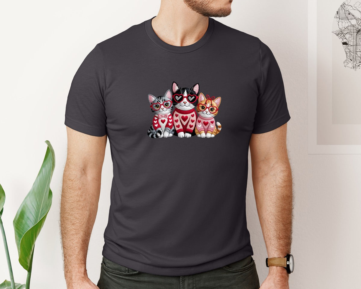 brand:Bella Canvas|color:Heather Dark Grey|Faux Yarn Crochet Valentines Cat Graphic T-Shirt